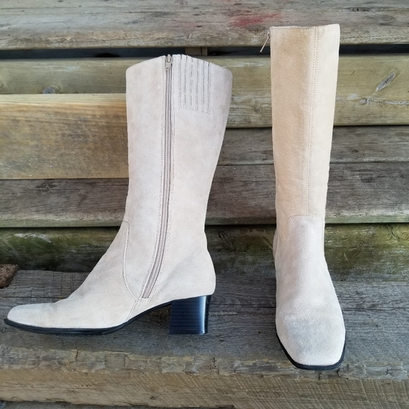 Vintage 90s y2k Chunky Heel Square Toe Bone Cream Suede Leather Tall Boots 7.5 - Picture 11 of 11